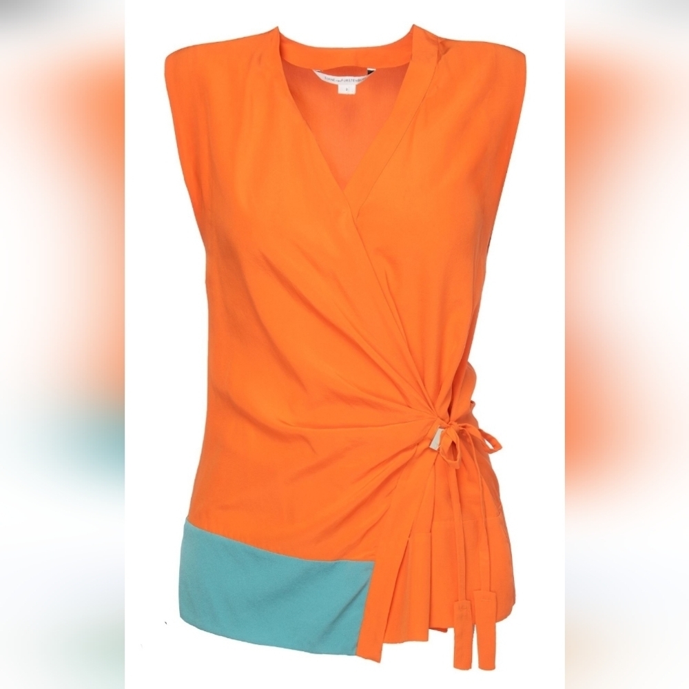 Diane von Furstenberg (DVF) Orange with Teal AcceSleeveless Silk Wrap Top Size 8 - Picture 2 of 9